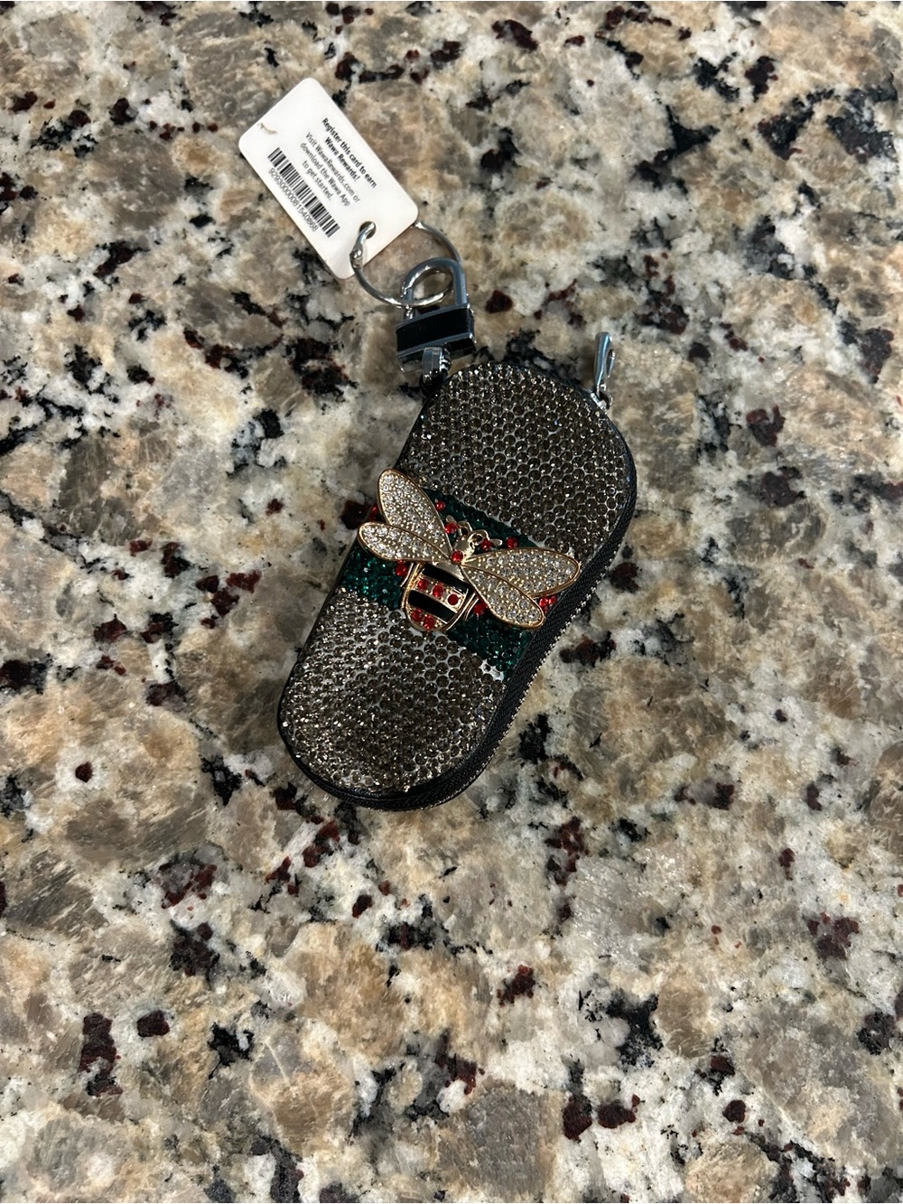 Black Crystal rhinestone Bee Key Pouch with Green Red Stripe
